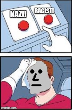 Two Buttons NPC | RACIST! NAZI! | image tagged in npc,two buttons,memes | made w/ Imgflip meme maker