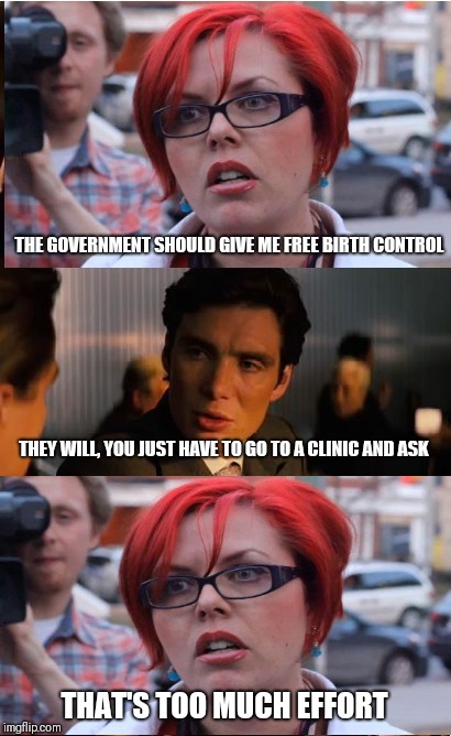 Inception Meme | THE GOVERNMENT SHOULD GIVE ME FREE BIRTH CONTROL; THEY WILL, YOU JUST HAVE TO GO TO A CLINIC AND ASK; THAT'S TOO MUCH EFFORT | image tagged in memes,inception,feminist | made w/ Imgflip meme maker