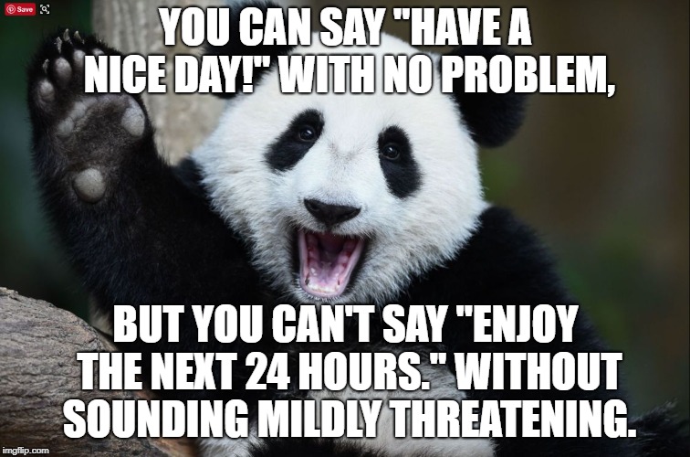 Have a nice day | YOU CAN SAY "HAVE A NICE DAY!" WITH NO PROBLEM, BUT YOU CAN'T SAY "ENJOY THE NEXT 24 HOURS." WITHOUT SOUNDING MILDLY THREATENING. | image tagged in have a nice day,memes,funny,funny memes,animals | made w/ Imgflip meme maker