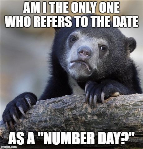 am I? | AM I THE ONLY ONE WHO REFERS TO THE DATE; AS A "NUMBER DAY?" | image tagged in memes,confession bear,funny,secret tag,date,number day | made w/ Imgflip meme maker
