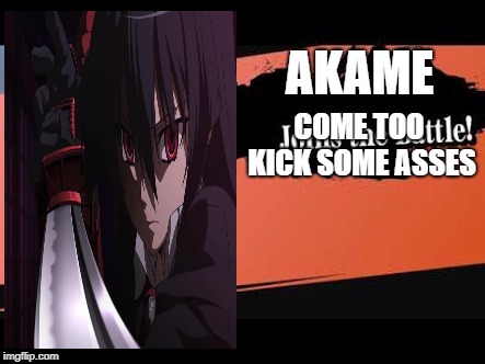 Super Smash Bros | AKAME; COME TOO KICK SOME ASSES | image tagged in super smash bros | made w/ Imgflip meme maker