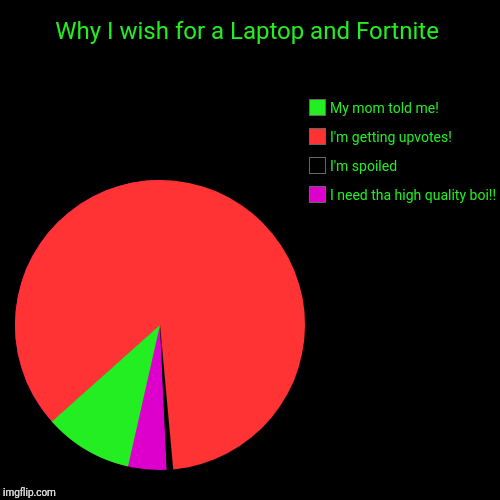 Why I wish for a Laptop and Fortnite | I need tha high quality boi!!, I'm spoiled, I'm getting upvotes!, My mom told me! | image tagged in funny,pie charts | made w/ Imgflip chart maker