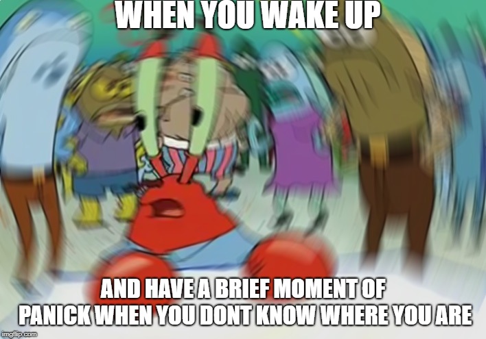 Mr Krabs Blur Meme | WHEN YOU WAKE UP; AND HAVE A BRIEF MOMENT OF PANICK WHEN YOU DONT KNOW WHERE YOU ARE | image tagged in memes,mr krabs blur meme | made w/ Imgflip meme maker