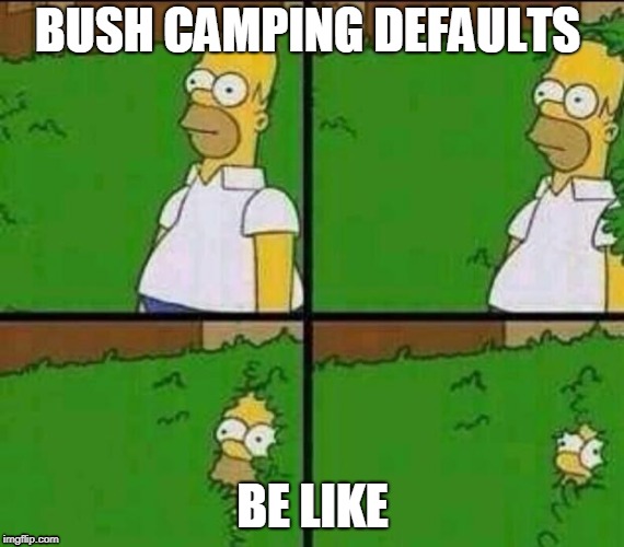 Homer Simpson in Bush - Large | BUSH CAMPING DEFAULTS; BE LIKE | image tagged in homer simpson in bush - large | made w/ Imgflip meme maker