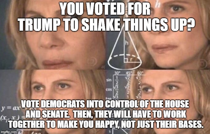 confused woman | YOU VOTED FOR TRUMP TO SHAKE THINGS UP? VOTE DEMOCRATS INTO CONTROL OF THE HOUSE AND SENATE.  THEN, THEY WILL HAVE TO WORK TOGETHER TO MAKE YOU HAPPY, NOT JUST THEIR BASES. | image tagged in confused woman | made w/ Imgflip meme maker