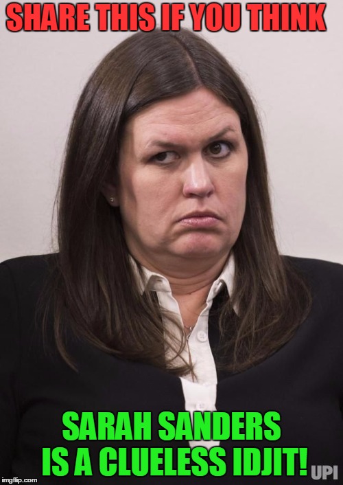 Idjit alert! |  SHARE THIS IF YOU THINK; SARAH SANDERS IS A CLUELESS IDJIT! | image tagged in crazy sarah huckabee sanders,donald trump | made w/ Imgflip meme maker