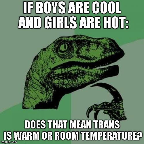 Philosoraptor Meme | IF BOYS ARE COOL AND GIRLS ARE HOT:; DOES THAT MEAN TRANS IS WARM OR ROOM TEMPERATURE? | image tagged in memes,philosoraptor | made w/ Imgflip meme maker
