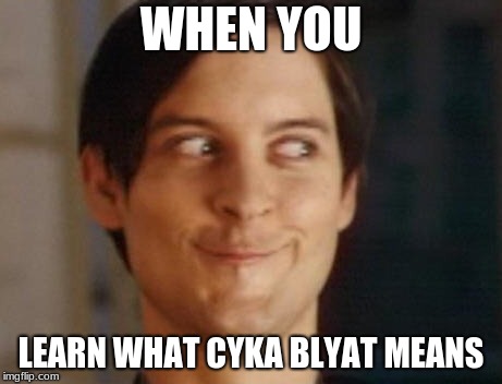 Spiderman Peter Parker Meme | WHEN YOU; LEARN WHAT CYKA BLYAT MEANS | image tagged in memes,spiderman peter parker | made w/ Imgflip meme maker