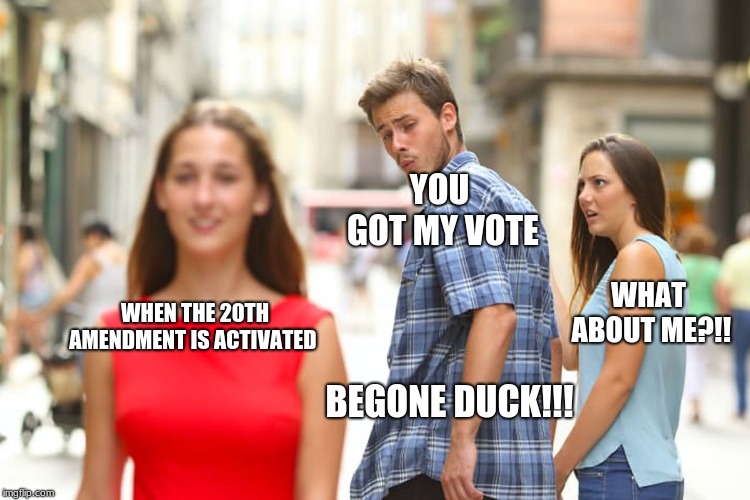 Distracted Boyfriend | YOU GOT MY VOTE; WHAT ABOUT ME?!! WHEN THE 20TH AMENDMENT IS ACTIVATED; BEGONE DUCK!!! | image tagged in memes,distracted boyfriend | made w/ Imgflip meme maker