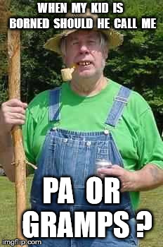 Hillbilly Pappy | WHEN  MY  KID  IS  BORNED  SHOULD  HE  CALL  ME; PA  OR  GRAMPS ? | image tagged in hillbilly pappy | made w/ Imgflip meme maker