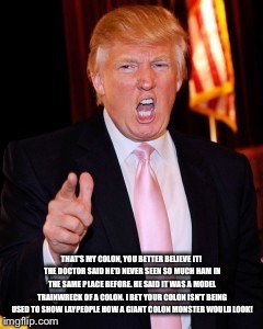 Donald Trump | THAT'S MY COLON, YOU BETTER BELIEVE IT! THE DOCTOR SAID HE'D NEVER SEEN SO MUCH HAM IN THE SAME PLACE BEFORE. HE SAID IT WAS A MODEL TRAINWRECK OF A COLON. I BET YOUR COLON ISN'T BEING USED TO SHOW LAYPEOPLE HOW A GIANT COLON MONSTER WOULD LOOK! | image tagged in donald trump | made w/ Imgflip meme maker