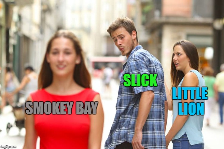 Distracted Boyfriend Meme | SLICK; LITTLE LION; SMOKEY BAY | image tagged in memes,distracted boyfriend | made w/ Imgflip meme maker