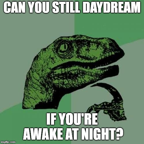 Philosoraptor Meme | CAN YOU STILL DAYDREAM; IF YOU'RE AWAKE AT NIGHT? | image tagged in memes,philosoraptor | made w/ Imgflip meme maker