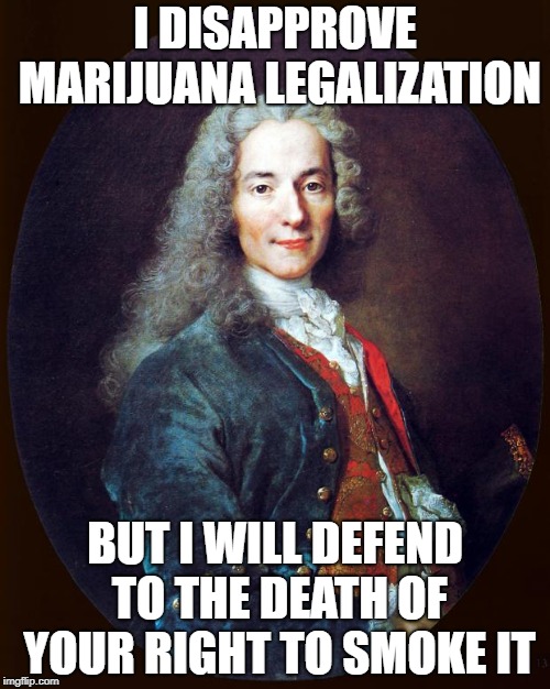 voltaire | I DISAPPROVE MARIJUANA LEGALIZATION; BUT I WILL DEFEND TO THE DEATH OF YOUR RIGHT TO SMOKE IT | image tagged in voltaire | made w/ Imgflip meme maker
