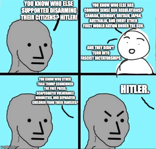 NPC Meme | YOU KNOW WHO ELSE HAS COMMON SENSE GUN REGULATIONS? CANADA, GERMANY, BRITAIN, JAPAN, AUSTRALIA, AND EVERY OTHER FIRST WORLD NATION UNDER THE SUN. YOU KNOW WHO ELSE SUPPORTED DISARMING THEIR CITIZENS? HITLER! AND THEY DIDN'T TURN INTO FASCIST DICTATORSHIPS. YOU KNOW WHO OTHER THAN TRUMP CONDEMNED THE FREE PRESS, SCAPEGOATED VULNERABLE MINORITIES, AND SEPARATED CHILDREN FROM THEIR FAMILIES? HITLER. | image tagged in npc meme,hitler,nazis,gun control,2nd amendment,donald trump | made w/ Imgflip meme maker