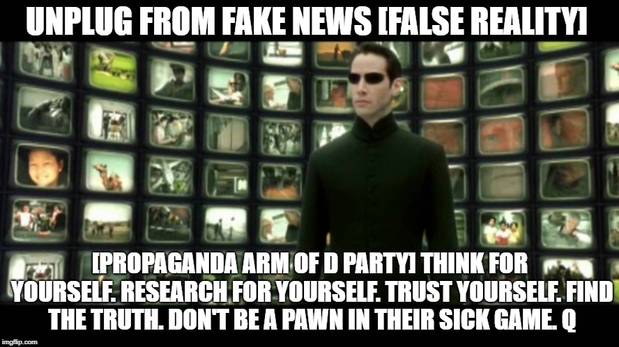 UNPLUG FROM FAKE NEWS [FALSE REALITY]; [PROPAGANDA ARM OF D PARTY]
THINK FOR YOURSELF.
RESEARCH FOR YOURSELF.
TRUST YOURSELF.
FIND THE TRUTH.
DON'T BE A PAWN IN THEIR SICK GAME.
Q | image tagged in fake news | made w/ Imgflip meme maker