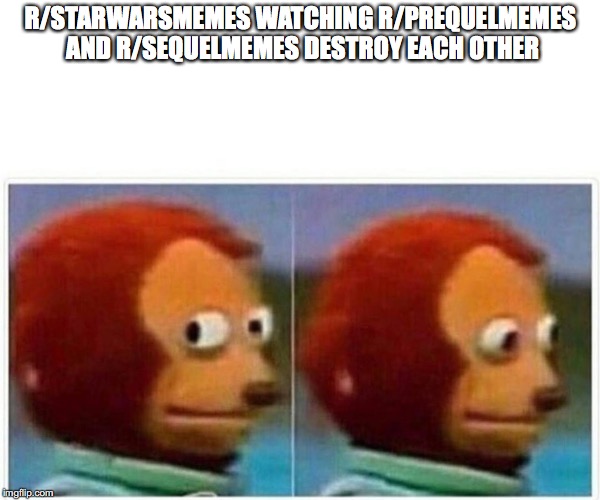 Monkey Puppet Meme | R/STARWARSMEMES WATCHING R/PREQUELMEMES AND R/SEQUELMEMES DESTROY EACH OTHER | image tagged in monkey puppet | made w/ Imgflip meme maker