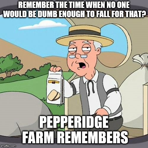 Pepperidge Farm Remembers Meme | REMEMBER THE TIME WHEN NO ONE WOULD BE DUMB ENOUGH TO FALL FOR THAT? PEPPERIDGE FARM REMEMBERS | image tagged in memes,pepperidge farm remembers | made w/ Imgflip meme maker