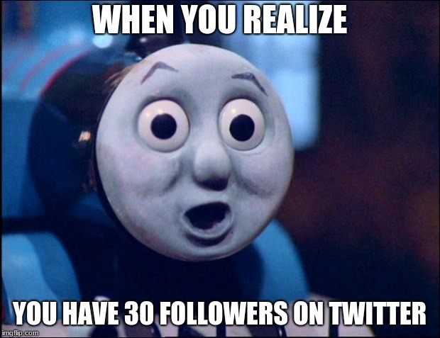 oh shit thomas | WHEN YOU REALIZE; YOU HAVE 30 FOLLOWERS ON TWITTER | image tagged in oh shit thomas | made w/ Imgflip meme maker