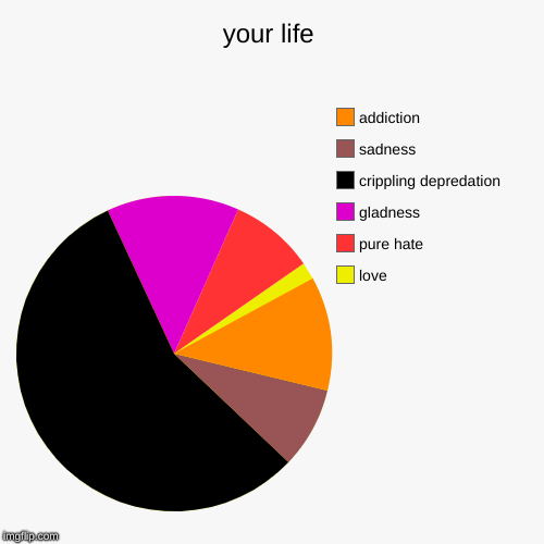 your life | love, pure hate, gladness, crippling depredation, sadness, addiction | image tagged in funny,pie charts | made w/ Imgflip chart maker