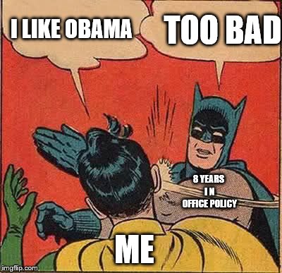 Batman Slapping Robin | TOO BAD; I LIKE OBAMA; 8 YEARS I N OFFICE POLICY; ME | image tagged in memes,batman slapping robin | made w/ Imgflip meme maker
