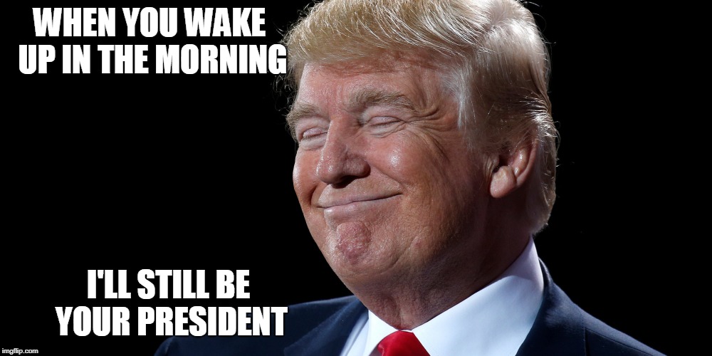 I'll still be your president | WHEN YOU WAKE UP IN THE MORNING; I'LL STILL BE YOUR PRESIDENT | image tagged in donald trump,when you wake up,donald trump is your president,still your president | made w/ Imgflip meme maker