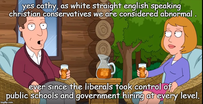 making the abnormal considered normal has been the liberal agenda for decades.honest americans better start to stick together !! | yes cathy, as white straight english speaking christian conservatives we are considered abnormal . ever since the liberals took control of  public schools and government hiring at every level. | image tagged in government school lies,abnormal liberals,the devils plan | made w/ Imgflip meme maker
