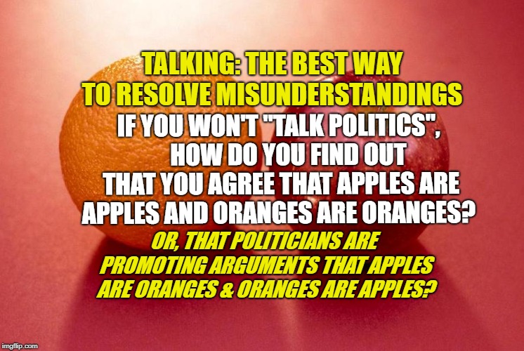 Functional vs Disfunctional Communication | IF YOU WON'T "TALK POLITICS",    HOW DO YOU FIND OUT THAT YOU AGREE THAT APPLES ARE APPLES AND ORANGES ARE ORANGES? TALKING: THE BEST WAY TO RESOLVE MISUNDERSTANDINGS; OR, THAT POLITICIANS ARE PROMOTING ARGUMENTS THAT APPLES ARE ORANGES & ORANGES ARE APPLES? | image tagged in apples and oranges,politicals,spin,agreement,trump | made w/ Imgflip meme maker