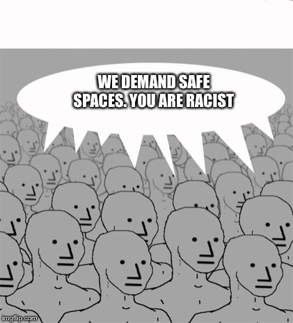 NPCProgramScreed | WE DEMAND SAFE SPACES. YOU ARE RACIST | image tagged in npcprogramscreed | made w/ Imgflip meme maker