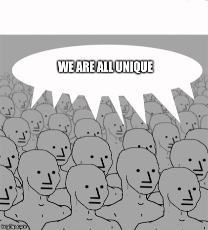NPCProgramScreed | WE ARE ALL UNIQUE | image tagged in npcprogramscreed | made w/ Imgflip meme maker