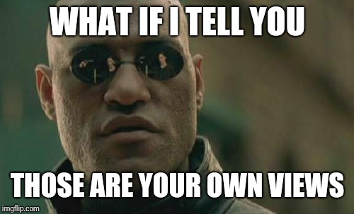 Matrix Morpheus Meme | WHAT IF I TELL YOU THOSE ARE YOUR OWN VIEWS | image tagged in memes,matrix morpheus | made w/ Imgflip meme maker