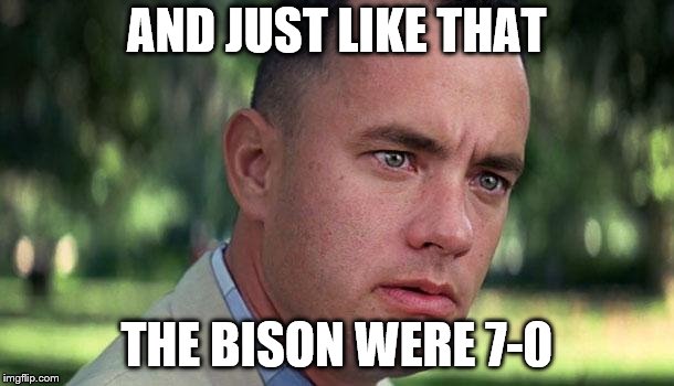 Forest Gump | AND JUST LIKE THAT; THE BISON WERE 7-0 | image tagged in forest gump | made w/ Imgflip meme maker