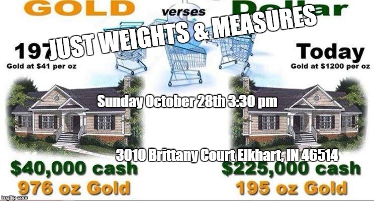 JUST WEIGHTS & MEASURES; Sunday October 28th 3:30 pm; 3010 Brittany Court Elkhart, IN 46514 | image tagged in silver | made w/ Imgflip meme maker