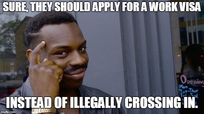 Roll Safe Think About It Meme | SURE, THEY SHOULD APPLY FOR A WORK VISA INSTEAD OF ILLEGALLY CROSSING IN. | image tagged in memes,roll safe think about it | made w/ Imgflip meme maker