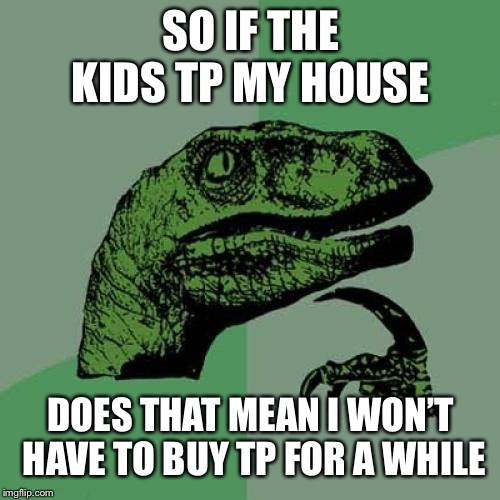Philosoraptor Meme | SO IF THE KIDS TP MY HOUSE DOES THAT MEAN I WON’T HAVE TO BUY TP FOR A WHILE | image tagged in memes,philosoraptor | made w/ Imgflip meme maker