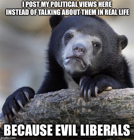 Confession Bear | I POST MY POLITICAL VIEWS HERE INSTEAD OF TALKING ABOUT THEM IN REAL LIFE; BECAUSE EVIL LIBERALS | image tagged in memes,confession bear | made w/ Imgflip meme maker