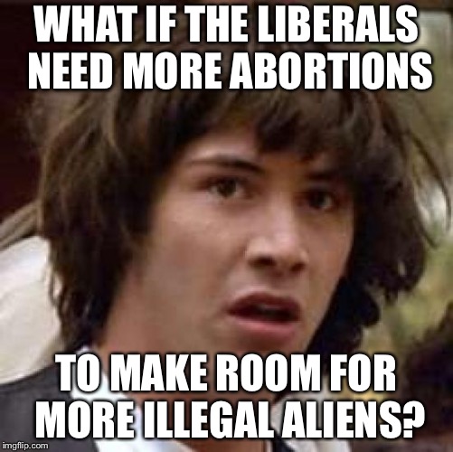 Conspiracy Keanu | WHAT IF THE LIBERALS NEED MORE ABORTIONS; TO MAKE ROOM FOR MORE ILLEGAL ALIENS? | image tagged in memes,conspiracy keanu | made w/ Imgflip meme maker