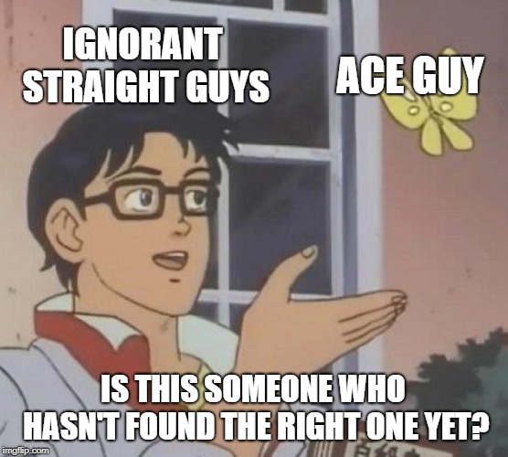 Ace people need more representation | IGNORANT STRAIGHT GUYS; ACE GUY; IS THIS SOMEONE WHO HASN'T FOUND THE RIGHT ONE YET? | image tagged in memes,is this a pigeon | made w/ Imgflip meme maker