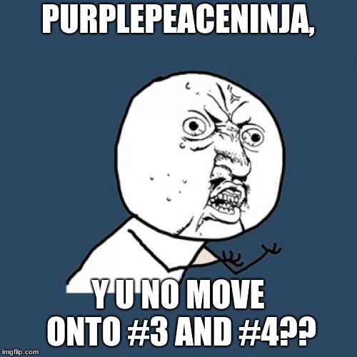 Y U No Meme | PURPLEPEACENINJA, Y U NO MOVE ONTO #3 AND #4?? | image tagged in memes,y u no | made w/ Imgflip meme maker