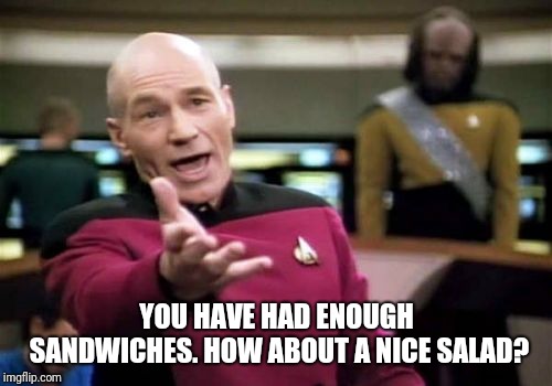 Picard Wtf Meme | YOU HAVE HAD ENOUGH SANDWICHES. HOW ABOUT A NICE SALAD? | image tagged in memes,picard wtf | made w/ Imgflip meme maker