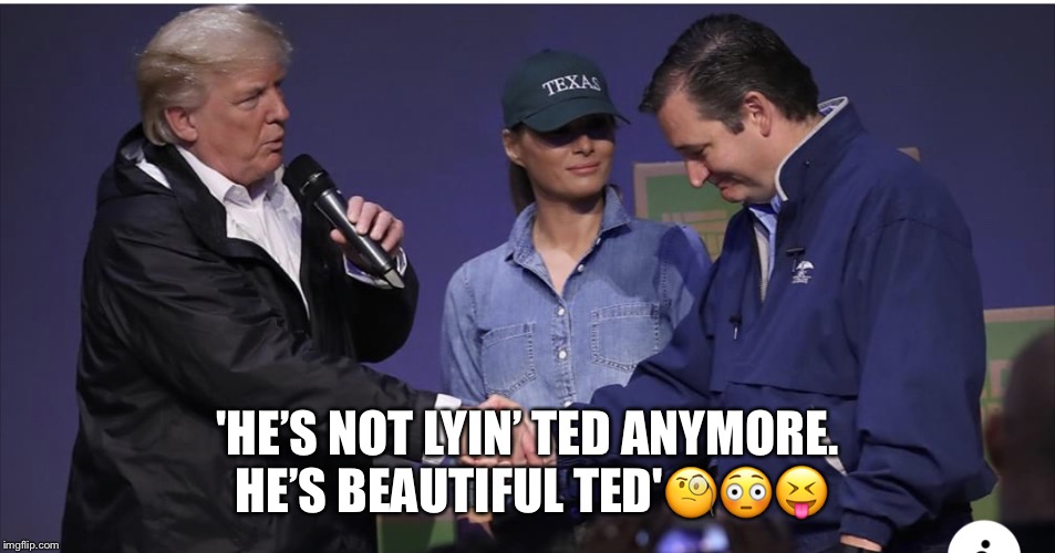 'He’s Not Lyin’ Ted Anymore. He’s Beautiful Ted' | 'HE’S NOT LYIN’ TED ANYMORE. HE’S BEAUTIFUL TED'🧐😳😝 | image tagged in ted cruz,donald trump,lol,side eye,bullshit | made w/ Imgflip meme maker
