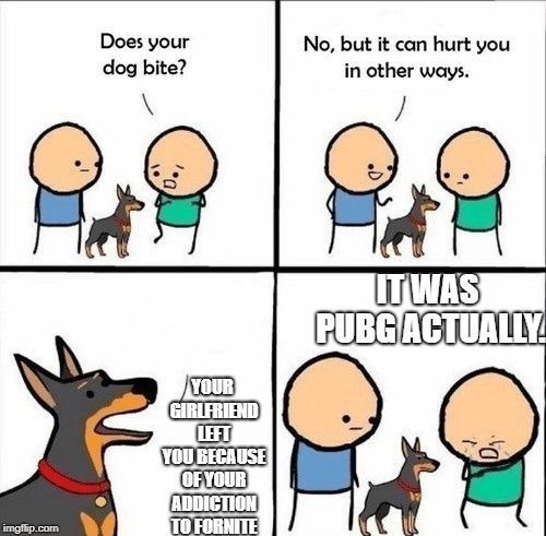 My first does your dog bite meme. | IT WAS PUBG ACTUALLY. YOUR GIRLFRIEND LEFT YOU BECAUSE OF YOUR ADDICTION TO FORNITE | image tagged in does your dog bite | made w/ Imgflip meme maker