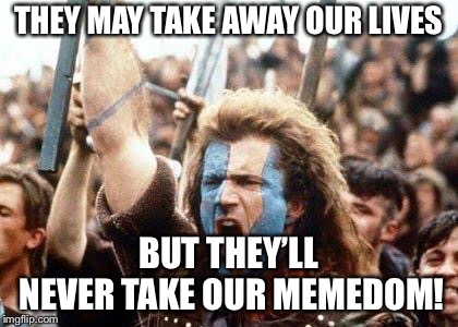 William Wallace | THEY MAY TAKE AWAY OUR LIVES; BUT THEY’LL NEVER TAKE OUR MEMEDOM! | image tagged in william wallace | made w/ Imgflip meme maker