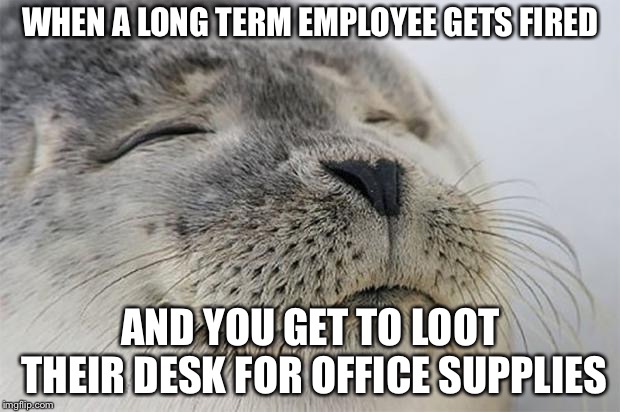Satisfied Seal Meme | WHEN A LONG TERM EMPLOYEE GETS FIRED; AND YOU GET TO LOOT THEIR DESK FOR OFFICE SUPPLIES | image tagged in memes,satisfied seal,AdviceAnimals | made w/ Imgflip meme maker