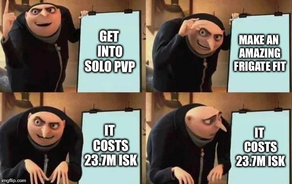 Gru's Plan Meme | GET INTO SOLO PVP; MAKE AN AMAZING FRIGATE FIT; IT COSTS 23.7M ISK; IT COSTS 23.7M ISK | image tagged in gru's plan | made w/ Imgflip meme maker