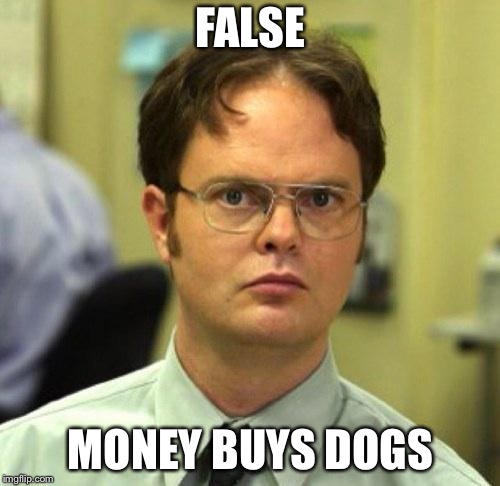 False | FALSE MONEY BUYS DOGS | image tagged in false | made w/ Imgflip meme maker