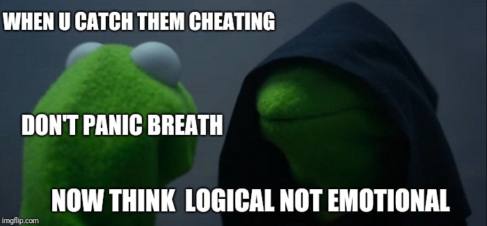 Evil Kermit | WHEN U CATCH THEM CHEATING; DON'T PANIC BREATH; NOW THINK  LOGICAL NOT EMOTIONAL | image tagged in memes,evil kermit | made w/ Imgflip meme maker