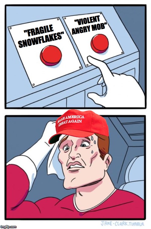 Two Button Maga Hat | "VIOLENT ANGRY MOB"; "FRAGILE SNOWFLAKES" | image tagged in donald trump,republicans,two buttons,maga,antifa,snowflakes | made w/ Imgflip meme maker