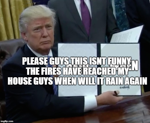 Trump Bill Signing Meme | RAIN WHEN PLEASE GUYS THIS ISNT FUNNY THE FIRES HAVE REACHED MY HOUSE GUYS WHEN WILL IT RAIN AGAIN | image tagged in memes,trump bill signing | made w/ Imgflip meme maker