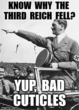 Nazi Salute | KNOW  WHY  THE  THIRD  REICH  FELL? YUP,  BAD  CUTICLES | image tagged in nazi salute | made w/ Imgflip meme maker